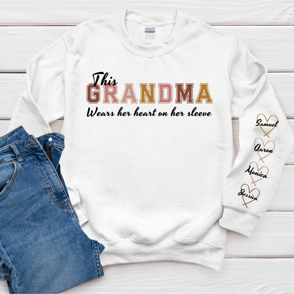 This Grandma Wears Her Heart On Her Sleeve - Family Personalized Custom Unisex Sweatshirt With Design On Sleeve - Gift For Mom, Grandma