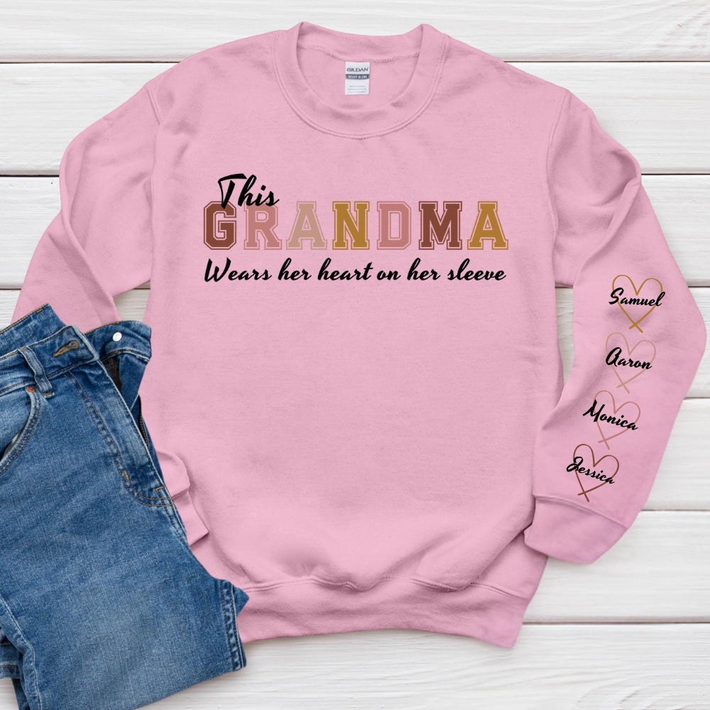 This Grandma Wears Her Heart On Her Sleeve - Family Personalized Custom Unisex Sweatshirt With Design On Sleeve - Gift For Mom, Grandma